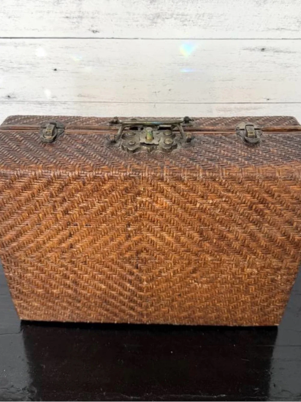 Vintage Asian Woven Rattan & Wood Storage Trunk Chest with brass hardware